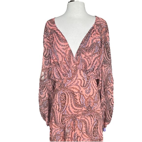 Free People Mirage Long Sleeve Maxi Dress Peach Pink Paisley Size 6 Boho Hippie - Picture 7 of 13